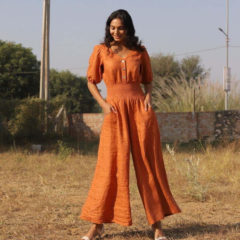 Orange Linen Jumpsuit, Boho Romper With Pockets and Zipper, Loose Elastic Waistband Bodysuit, Plus Size Wide Pants, Custom Petite Clothing image 1