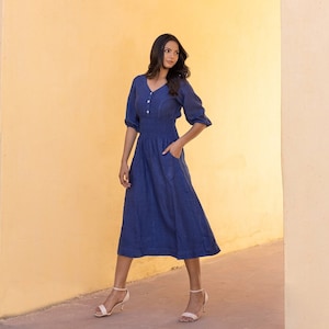 V Neck Midi Linen Dress, Elastic Waist Blue Linen Dress With Pockets, Knee length Linen Dress, Plus Size Clothing by Ellementree