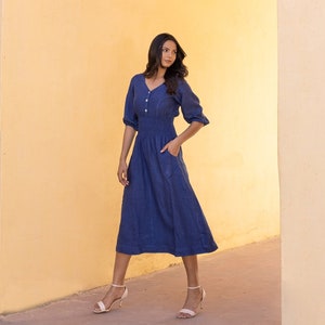Blue Linen Midi Dress: V-Neck Elastic Waist with Pockets
