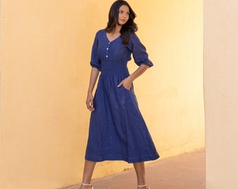 V Neck Midi Linen Dress, Elastic Waist Blue Linen Dress With Pockets, Knee length Linen Dress, Plus Size Clothing by Ellementree