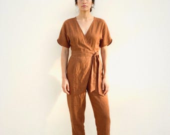 Wrap Linen Jumpsuit in Cinnamon | 100% Linen Jumpsuit for Women, Handmade Made to Order, Plus Size