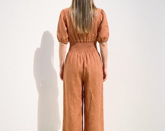 Button Front Linen Maxi Jumpsuit in Terracotta | 100% Linen Jumpsuit for Women, Handmade Made to Order, Plus Size