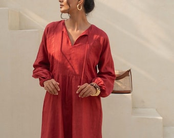 Tie Neck Linen Tunic Dress in Brick Red | 100% Linen Dress for Women, Handmade Made to Order, Plus Size