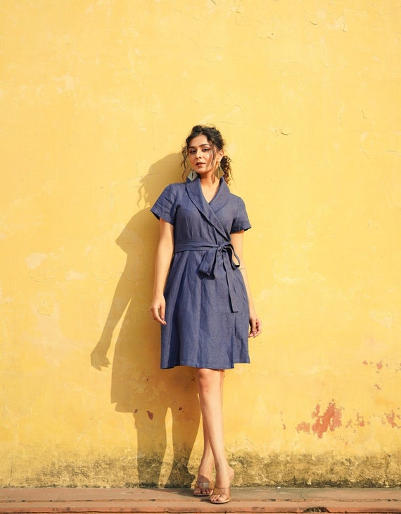 Robe portefeuille en lin a col chale Tunique midi a manches courtes Robe en lin decontractee jusqu au genou avec poches Kimono confortable avec ceinture Etsy France