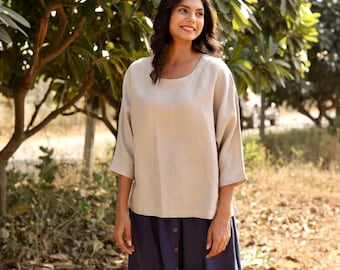 Beige Linen Top: Oversized Organic Shirt with Batwing Sleeves