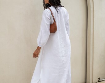 White Linen Maxi Dress: Long Sleeve V-neck, Loose Fit Dress With Pockets -  Etsy