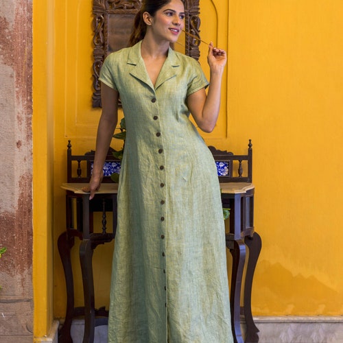 Sage Green Linen Maxi Dress: Handmade Button Down Dress with Pockets