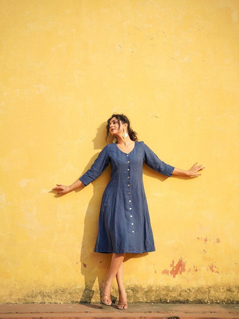 Button Down Linen Dress with Long Sleeve, V Neck Washed Linen Dress image 2