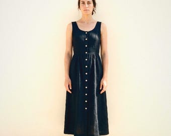 Button Front Linen Midi in Black | 100% Linen Dress for Women, Handmade Made to Order, Plus Size
