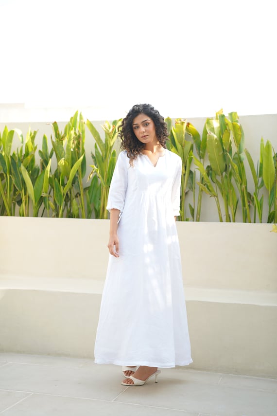 White Linen Maxi Dress: V Neck Ankle Length Kaftan Dress With Pockets - Etsy