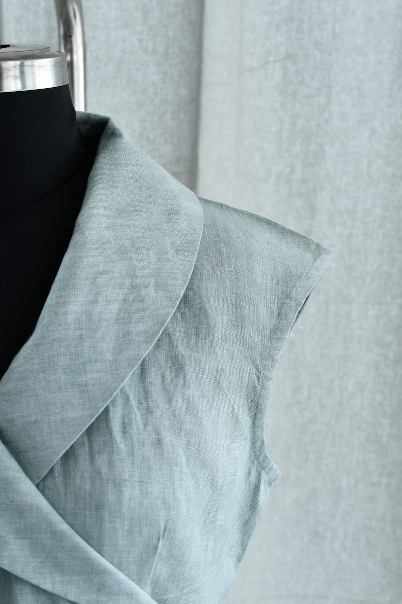 Cap Sleeve Linen Jumpsuit, V neck Wrap Playsuit with Collar and Pockets, Organic Kimono Dress, Long Boho Romper, Petite Plus Size Clothing image 7