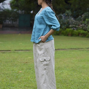Natural Wide Legged Linen Cargo Pants, High Waisted Trousers, Relaxed Fit Trouser, High Rise Bottoms With Pockets, Plus Size Petite Clothing image 5
