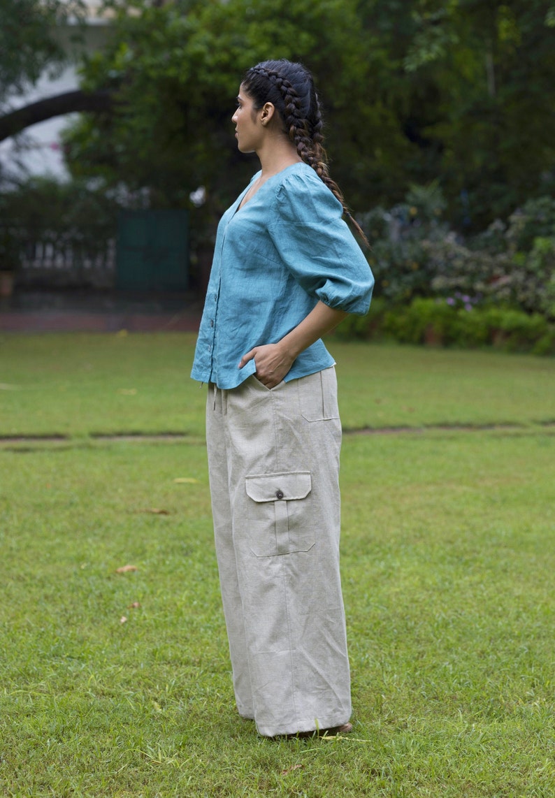 Natural Wide Legged Linen Cargo Pants, High Waisted Trousers, Relaxed Fit Trouser, High Rise Bottoms With Pockets, Plus Size Petite Clothing image 5