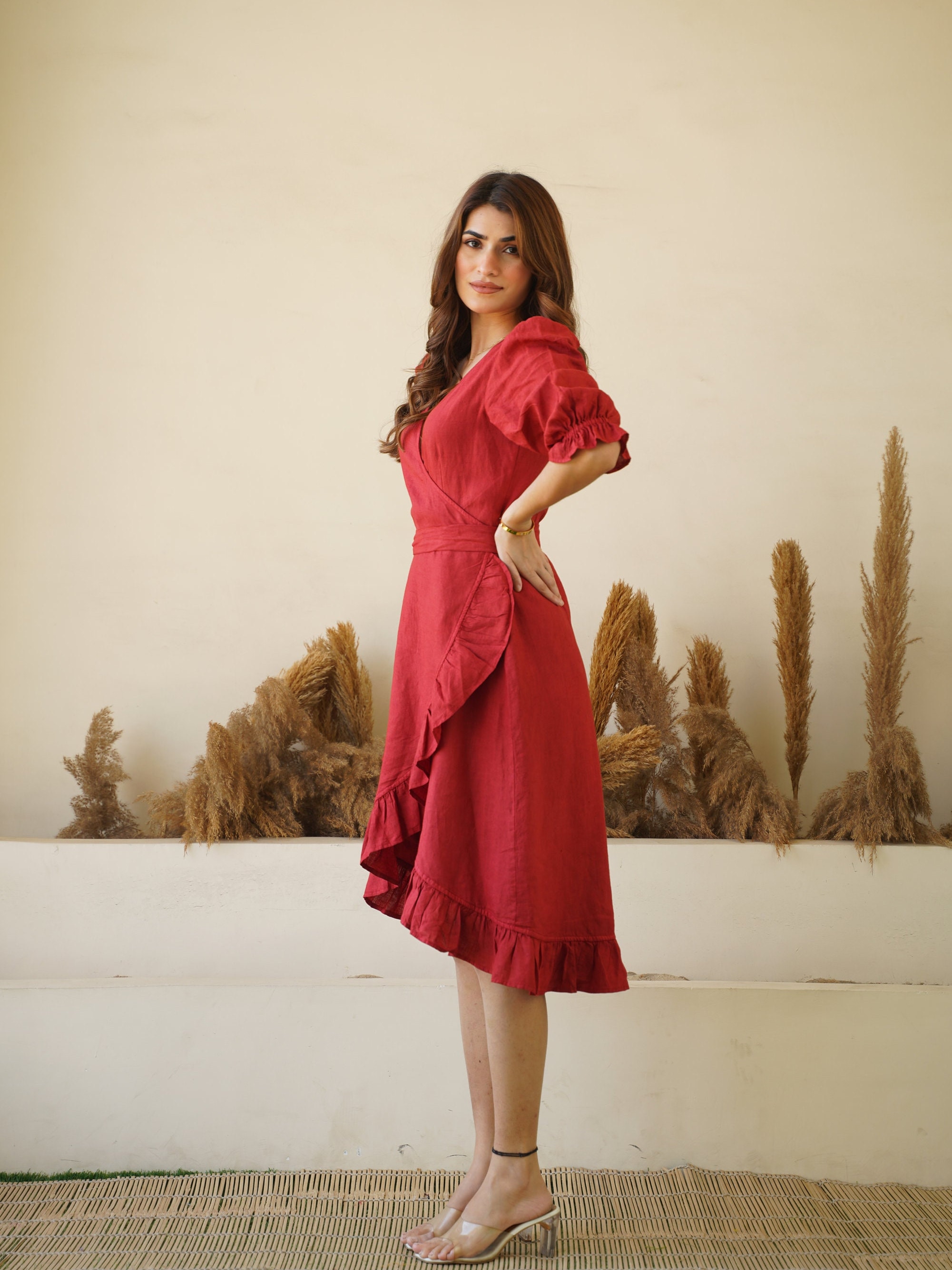 Linen Wrap Dress With Frills: Long Sleeve V Neck Midi Dress - Etsy Linen Wrap Dress With Frills: Long Sleeve V Neck Midi Dress - Etsy