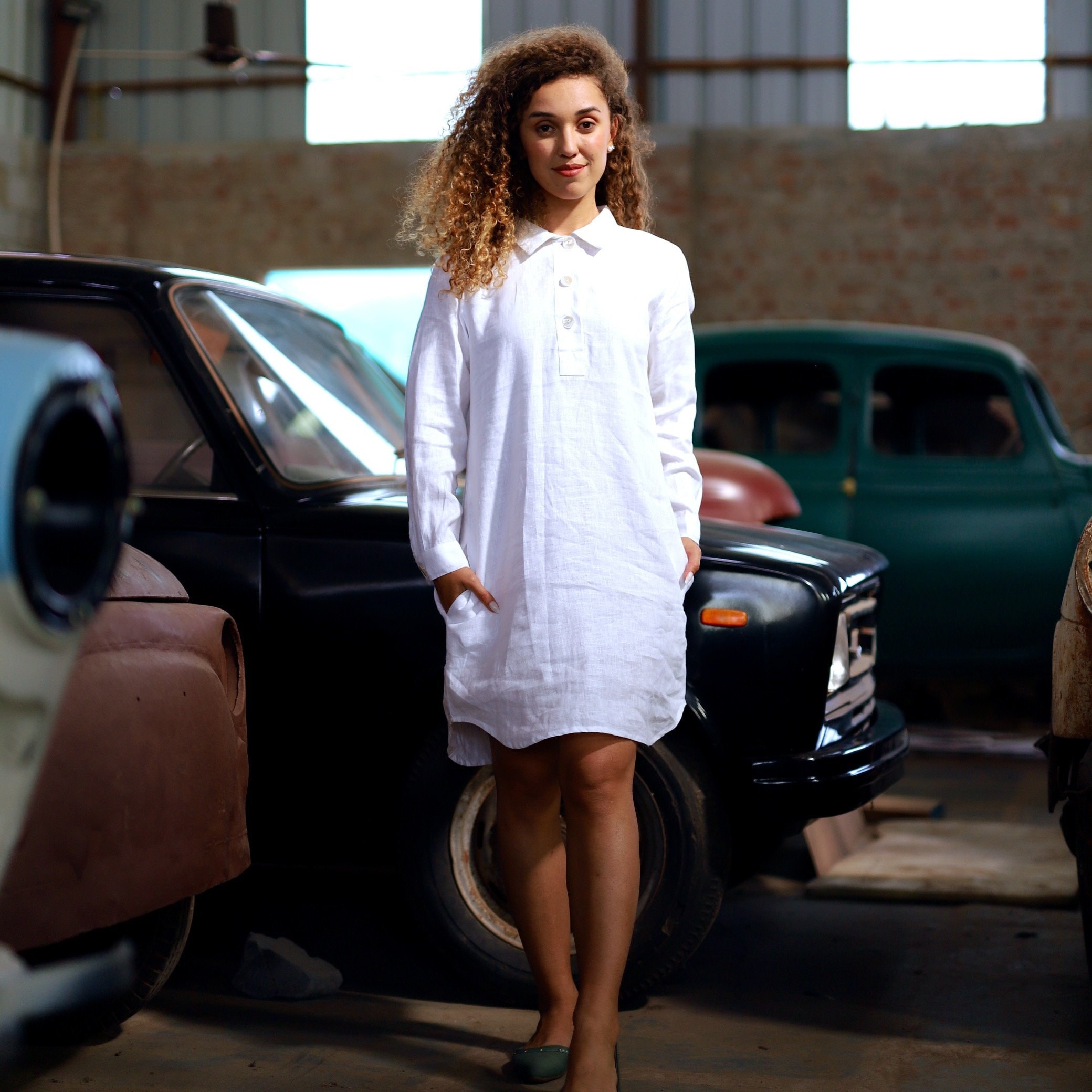 Natural Linen Shirt Dress, Loose Washed Top With Long Natural Linen Shirt Dress, Loose Washed Top With Long
