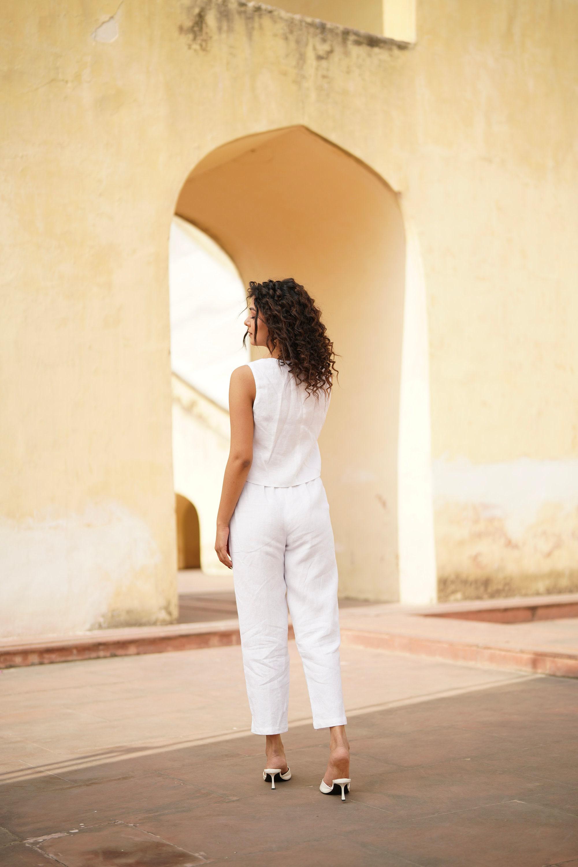 Linen Waistcoat | Cropped V Neck Vest, White, Button up Boho - Etsy