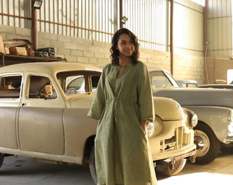 Kimono Sleeve Linen Dress in Olive | 100% Linen Dress for Women, Handmade Made to Order, Plus Size