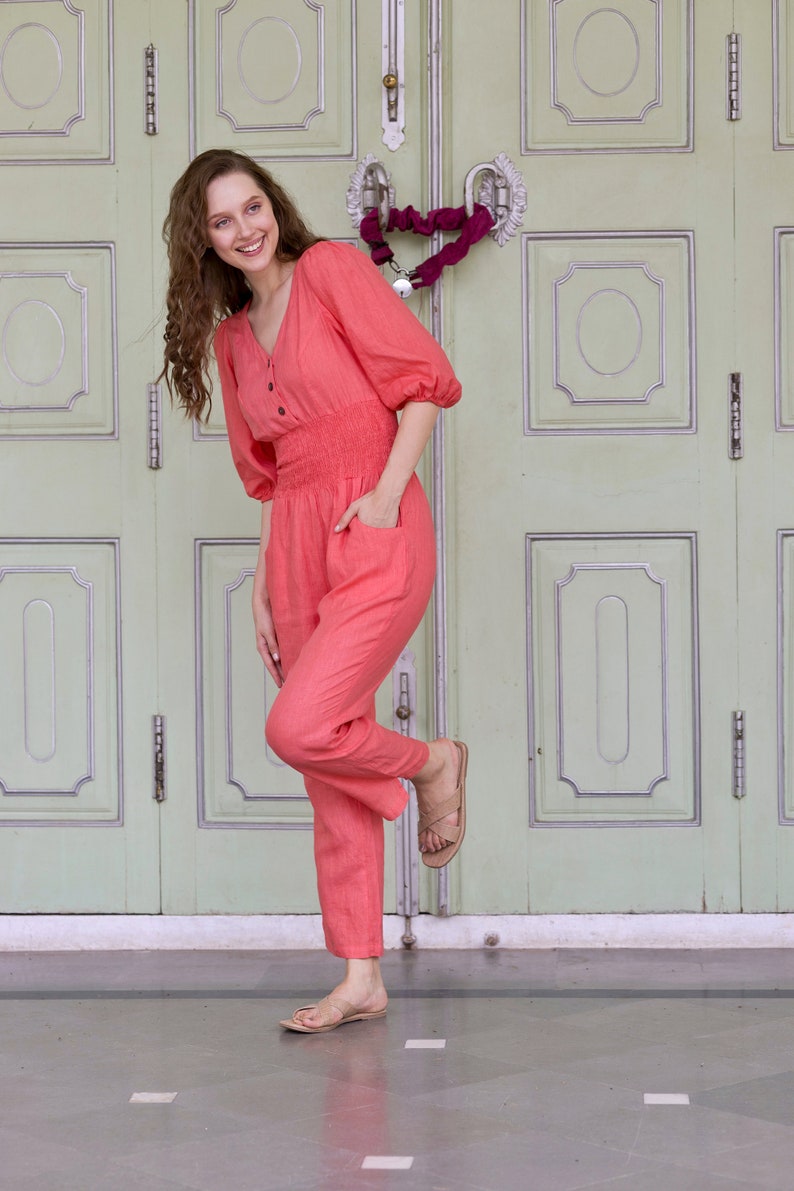 V Neck Linen Jumpsuit, Linen jumper with Straight Legged Pants, Plus Size Clothing by Ellementree image 3