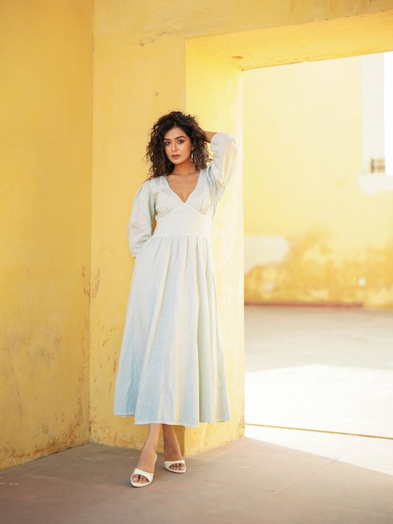 Organic Linen Maxi Dress: Long Sleeve V-Neck Boho Gown