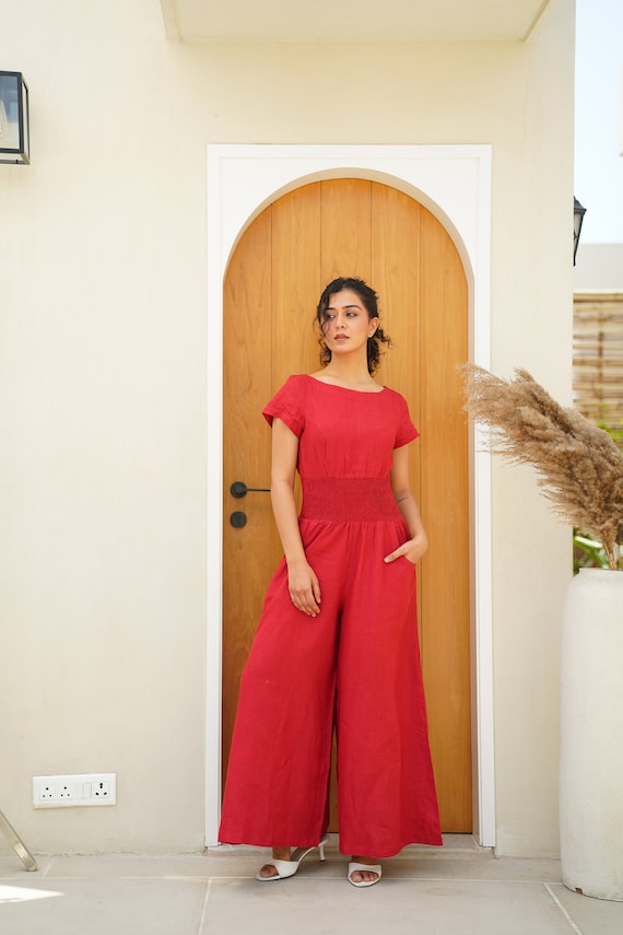 Boat Neck Linen Jumpsuit Boho Romper With Pockets and Zipper Elastic Waistband Bodysuit Plus Size Wide Pants Custom Petite Clothing