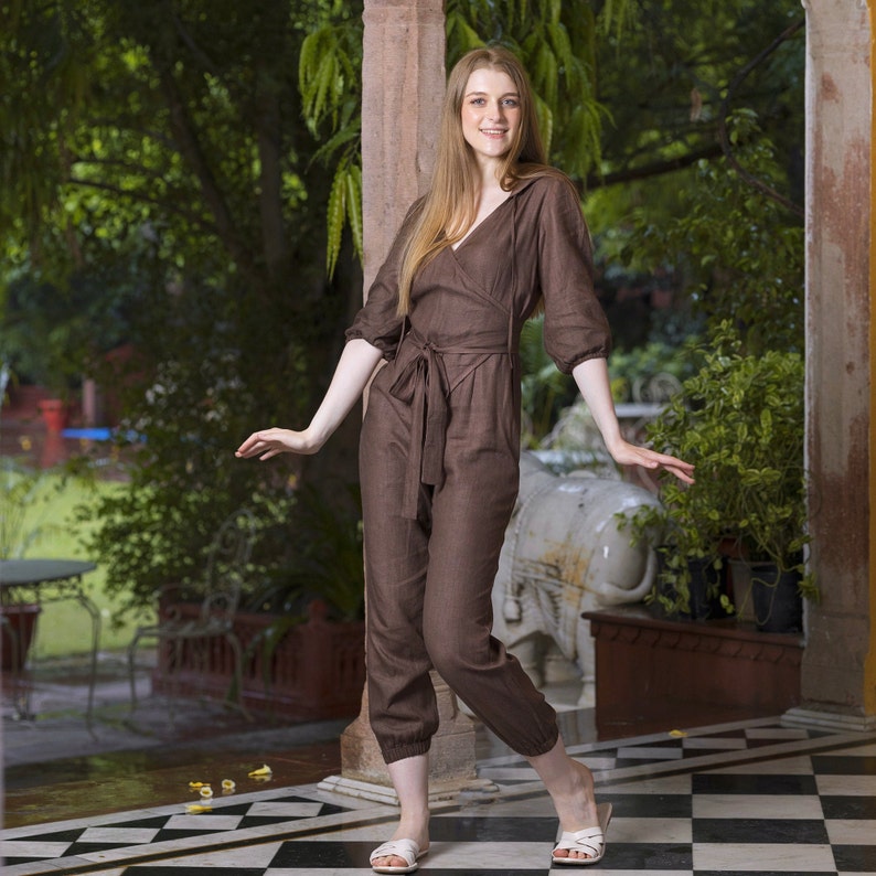 Long Sleeve Hooded Linen Jumpsuit, V neck Playsuit with Functional Pockets, Kimono Style Belt, Long Boho Romper, Petite Plus Size Clothing image 5