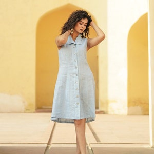 Sleeveless Linen Dress, Loose Linen Dress with Collar, Blue Linen Dress, Plus Size Clothing for Women, Linen Clothing image 4