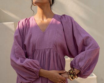 Bishop Sleeve Linen Midi Dress in Mauve | 100% Linen Dress for Women, Handmade Made to Order, Plus Size