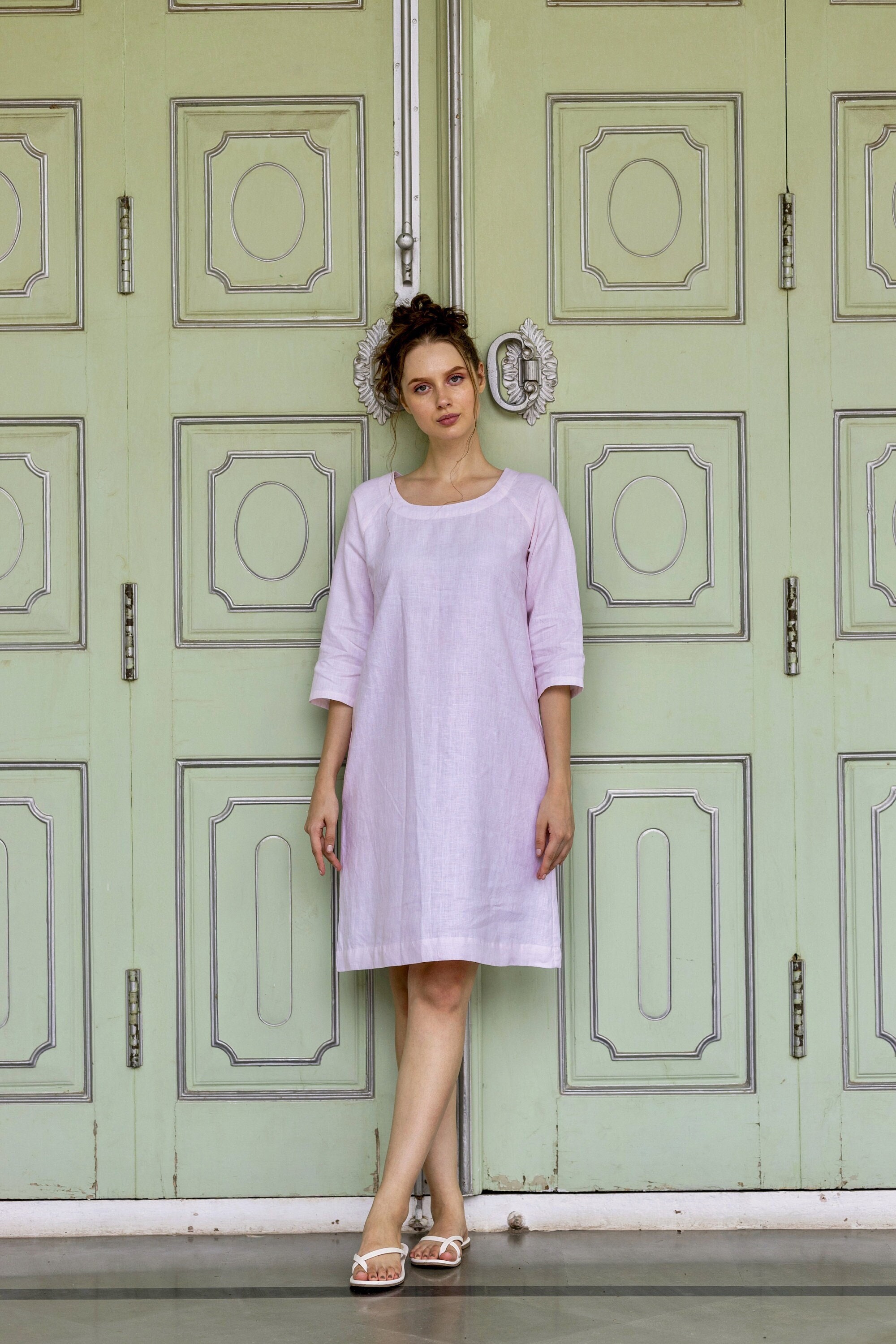 Pink Linen Midi Dress: Round Neck Summer Tunic, Plus Size Clothing - Etsy