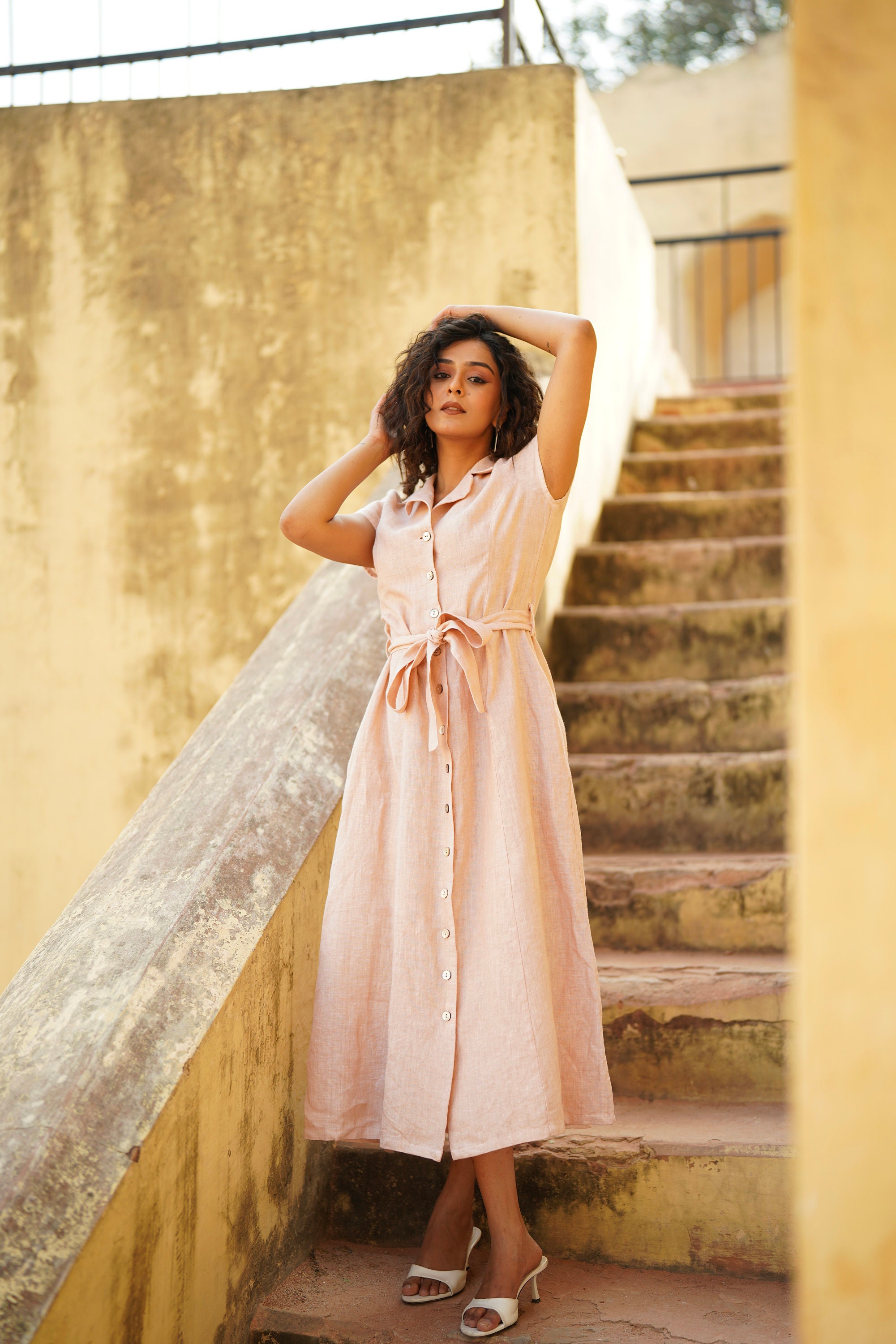 herlipto Linen Belted Maxi Dress