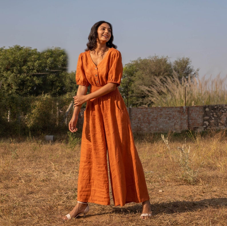 Orange Linen Jumpsuit, Boho Romper With Pockets and Zipper, Loose Elastic Waistband Bodysuit, Plus Size Wide Pants, Custom Petite Clothing image 4