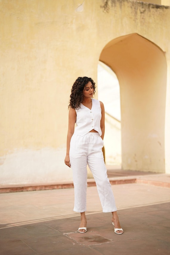 Linen Waistcoat | Cropped V Neck Vest, White, Button up Boho - Etsy