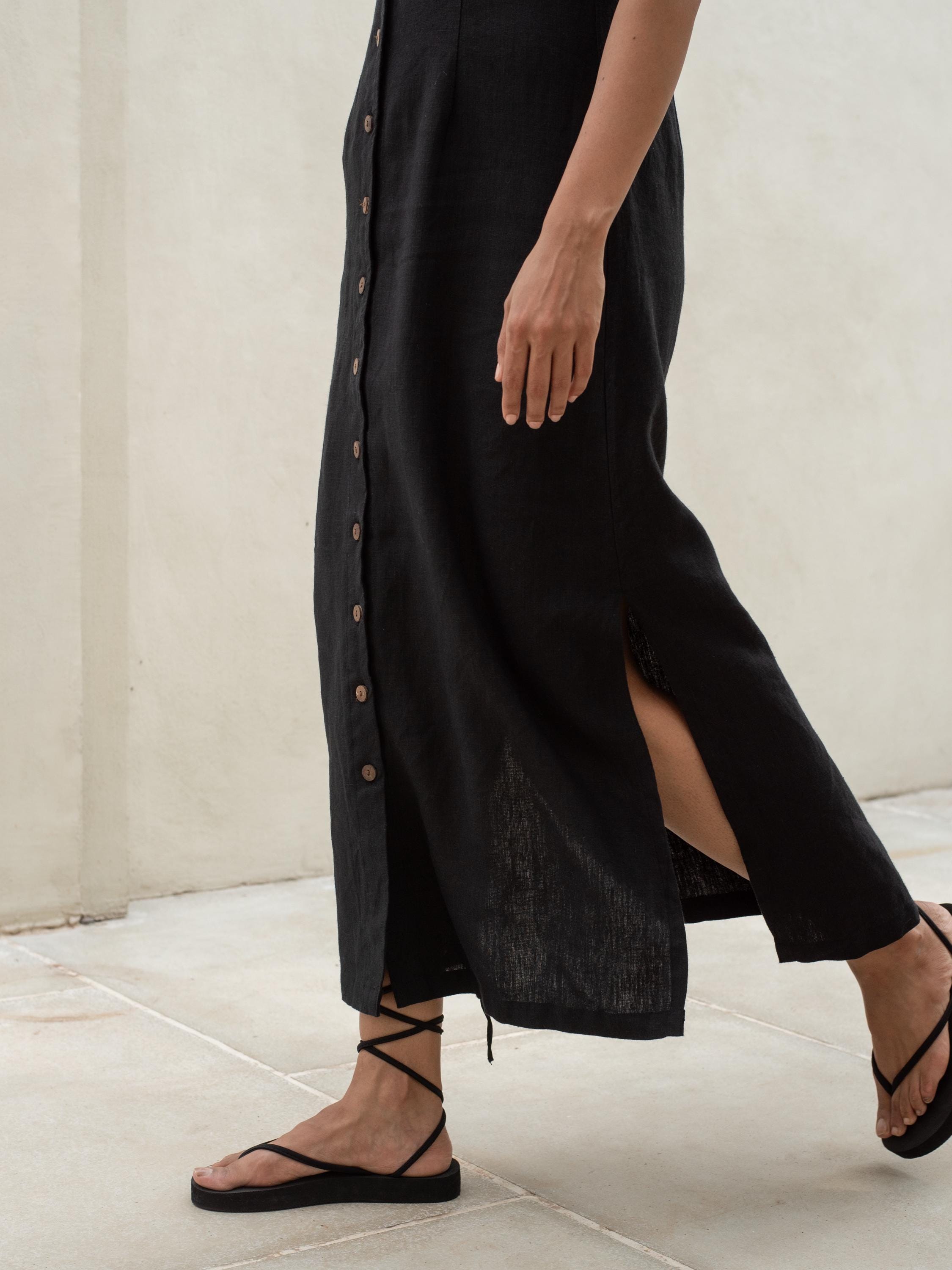 Black Linen Maxi Dress: V-neck Button Down With Side Slit - Etsy