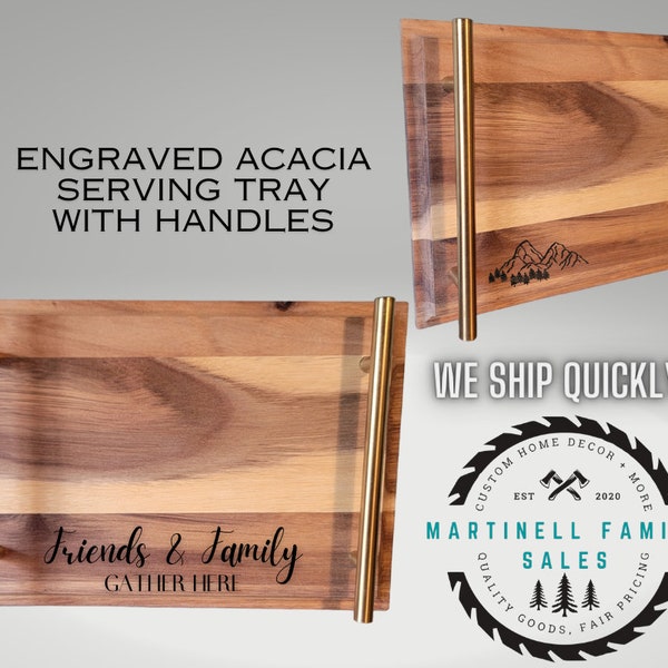 Personalized Acacia Tray, Custom Anniversary Gift, Wedding Gift, Engraved Tray, Engraved Acacia Wood Serving Tray with Handles