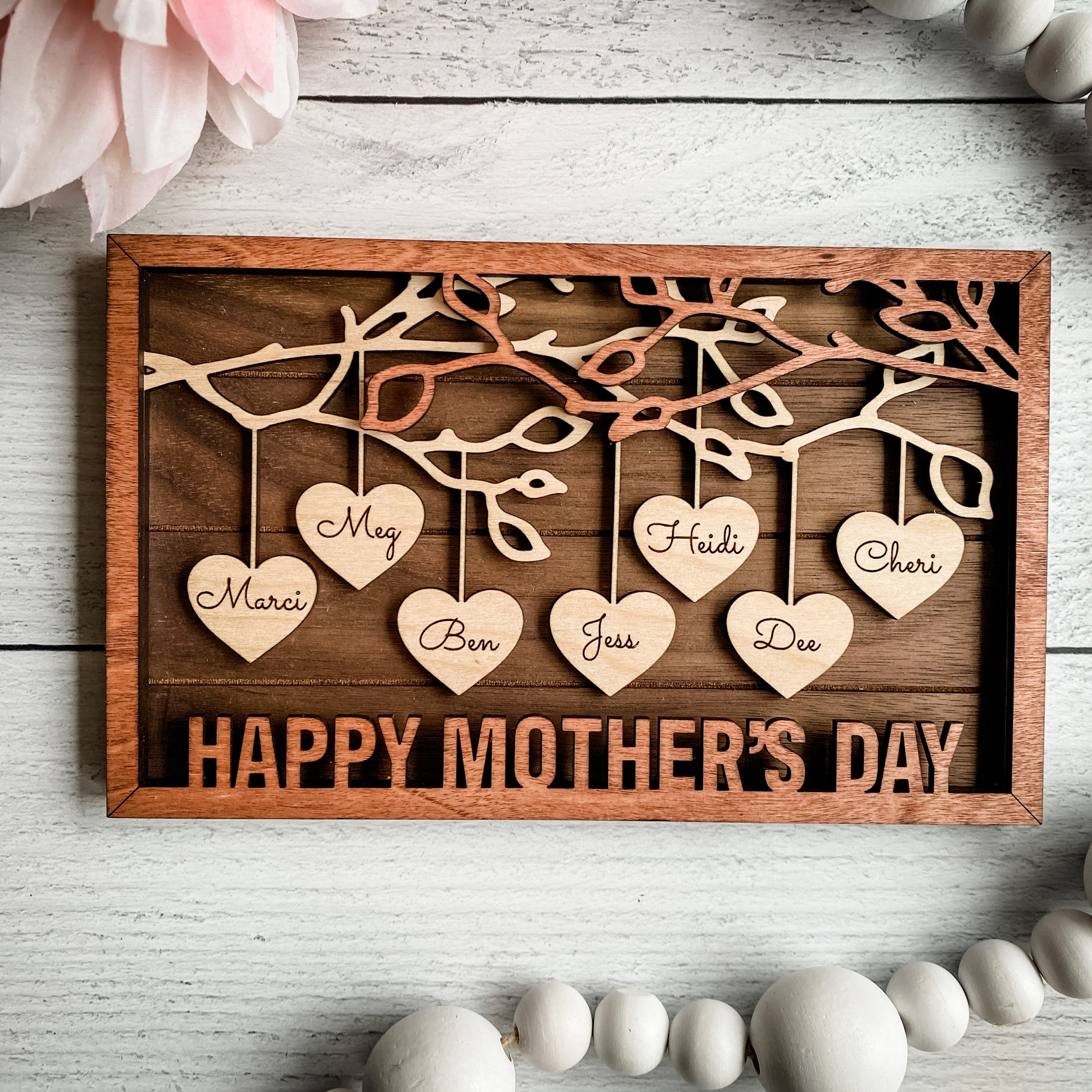 Personalized Family Tree Wood Sign | Custom Engraved Hearts, Grandma ...