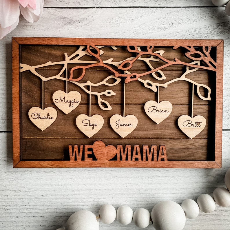 Personalized Family Tree Wood Sign | Custom Engraved Hearts, Grandma ...