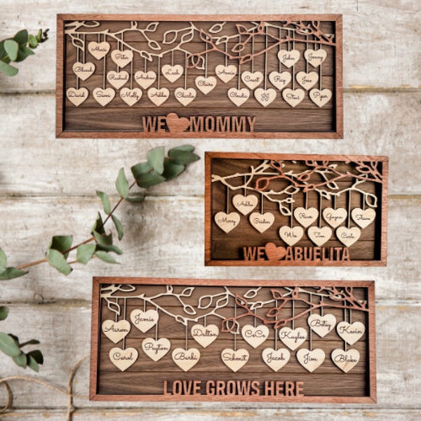 Personalized Gift for Mom | Wooden Family Tree Sign | Grandkids Names Sign | Hanging Hearts | Custom Wedding Gift | Mother's Day Gift |