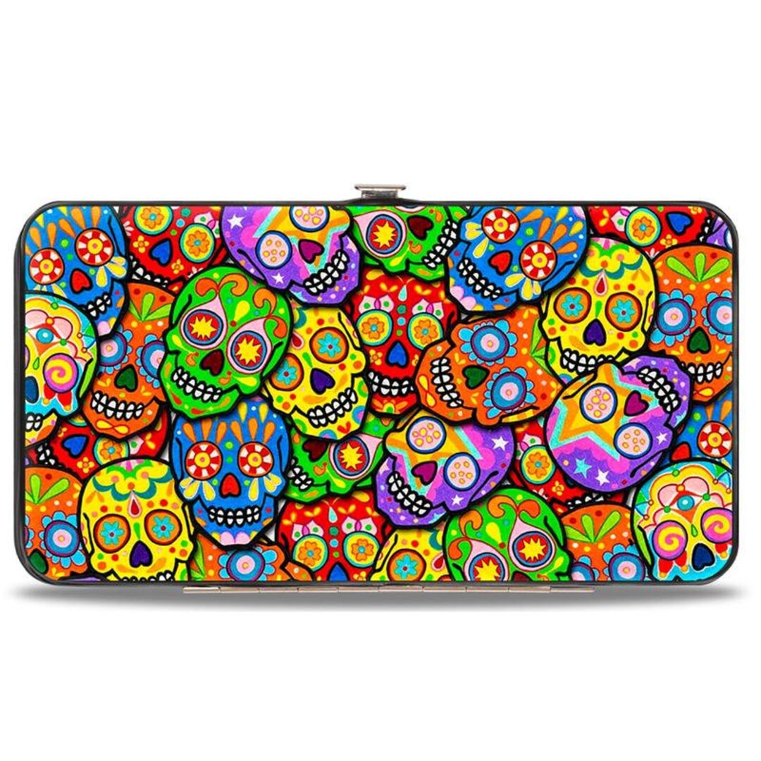 Buckle-Down Hinge Wallet – Sugar Skulls Design, Gray & Pink, Vegan Leather With ID Window