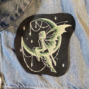 Glow in the Dark Moon Fairy Patch: Embroidered Iron-On Applique