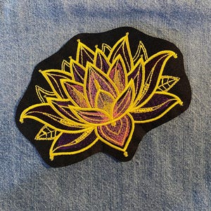 Embroidered Lotus Patch, Gilded Mirage Design, Iron On or Sew On