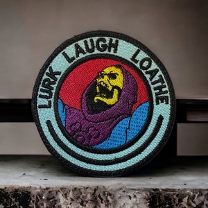 Lurk Laugh Loathe Skeleton Patch, Funny Meme Design, Iron On, Sew On, or Hook Backing, Patches for Hats, Jackets, Sweaters, Bags