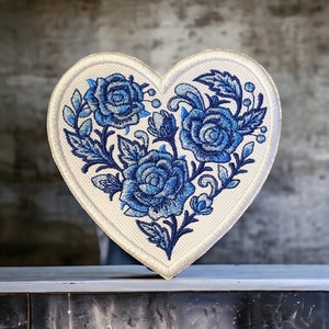 Delft Blue Rose Heart/Heart Patch/Valentines Day/Iron On/Sew On/Patches For Hats/Bags/Sweaters/Jackets