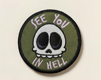 Parche bordado de calavera "Nos vemos en el infierno" (divertido)
