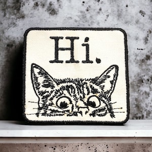 Kitty Says Hi Embroidered Patch, Iron On/Sew On/Hook Backing, Patches For Jeans, Jackets, Vests, Bags, Cat Lover Gift, Funny Cat Patch