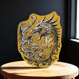 Baroque-Inspired Dragon Embroidered Patch – Iron-On/Sew-On Mythical Jacket Accessory, Available in Two Sizes
