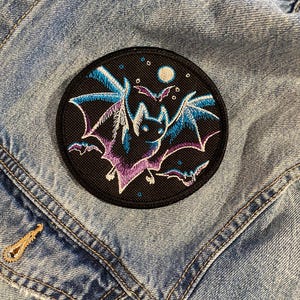 Moonlit Bats Embroidered Patch, Gothic Iron On/Sew On, 3.9"