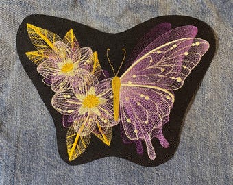 Fjärilsbroderad lapp, transparent blommönster, stryk på eller sy på