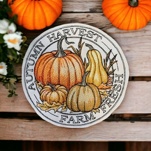 Parche bordado con sello de calabazas de la cosecha de otoño: para planchar o coser. Decoración de otoño, manualidades y proyectos de costura.