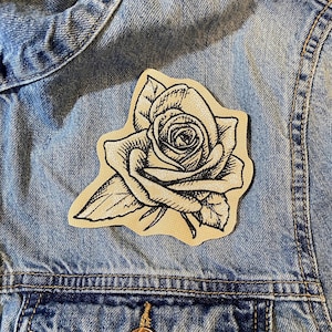 Sketched Rose Embroidered Patch, Floral Applique, Iron On / Sew On