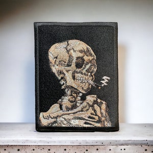 Parche de calavera de esqueleto con cigarrillo encendido, para planchar, coser o pegar con gancho, tamaños de 4 y 6 pulgadas, arte bordado, idea de regalo gótico