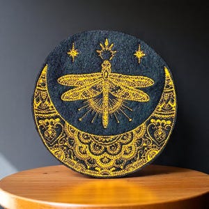 Mehndi Magic Dragonfly Crescent Moon Embroidered Patch - Mystical Insect Patch for Jackets, Backpacks